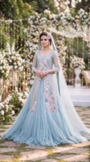 Ethereal Ice Blue Embellished Jacket & Net Lehenga Set with Floral Accents – Luxury Bridal & Reception Wear