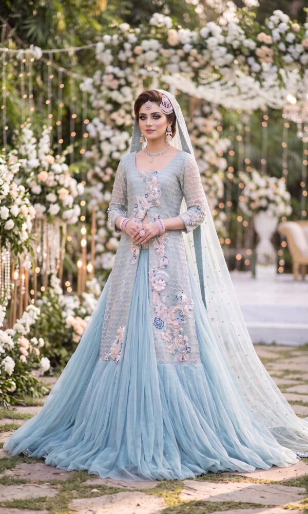 Ethereal Ice Blue Embellished Jacket & Net Lehenga Set with Floral Accents – Luxury Bridal & Reception Wear