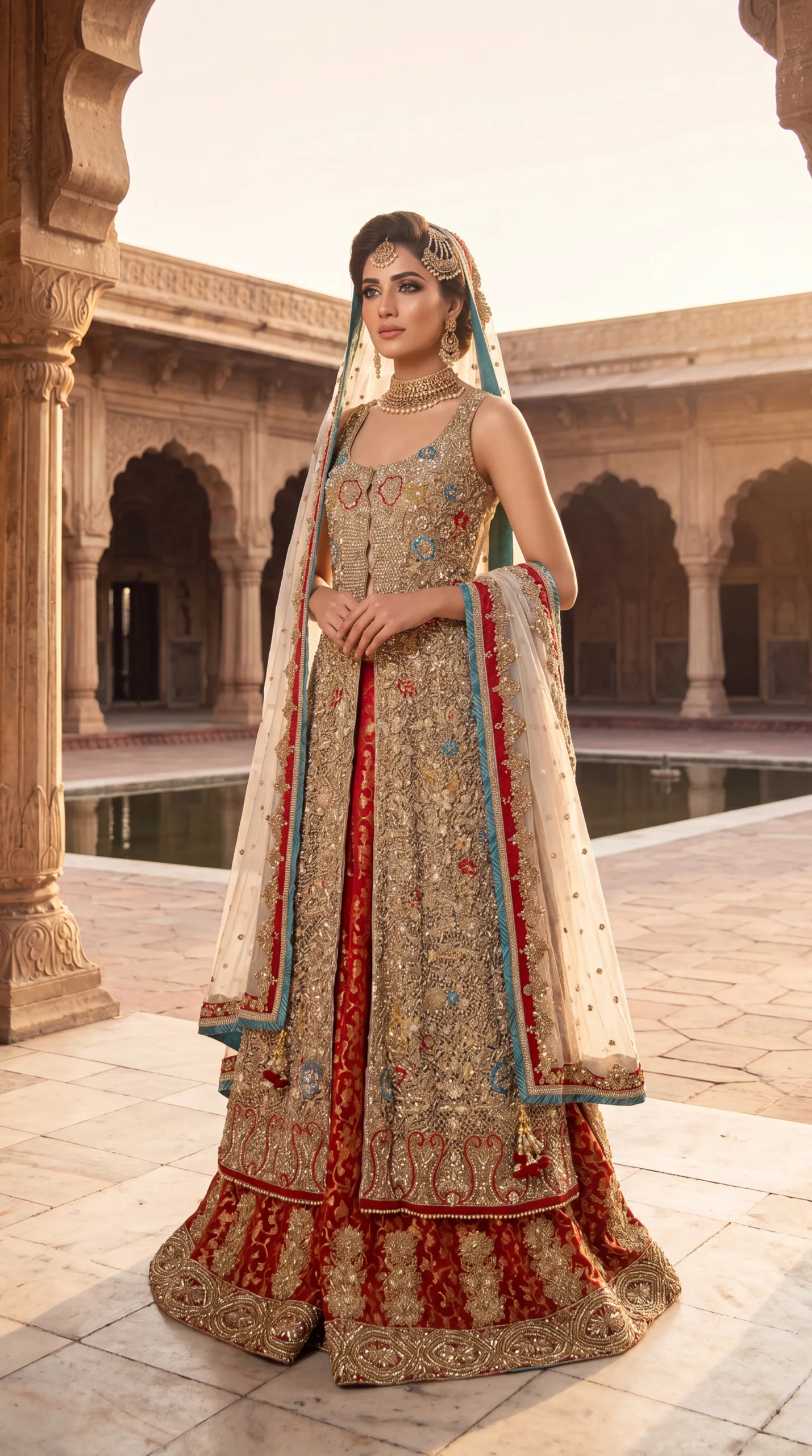 Crimson & Gold Embellished Open-Front Long Shirt with Lehenga and Dupatta