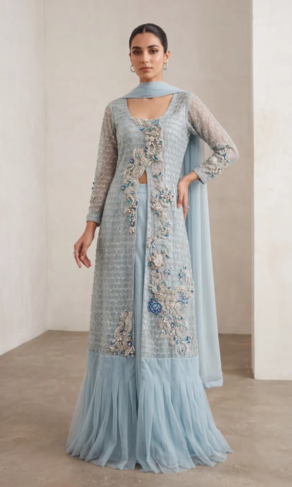 Icy Blue Embellished Open-Front Long Shirt with Sharara and Dupatta