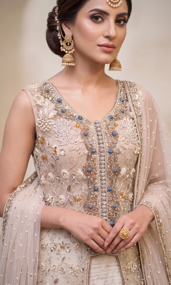 Champagne Gold Embellished Open-Front Bridal Shirt with Detailed Placket and Dupatta