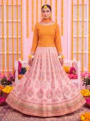 Mustard Yellow and Pastel Pink Embellished Lehenga Choli for Mayun & Ubtan