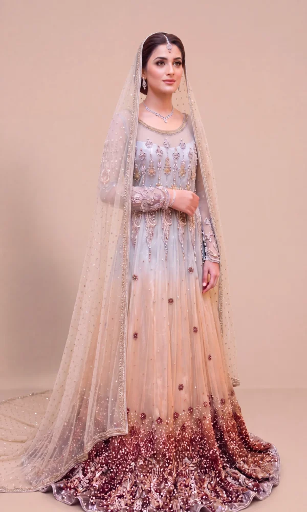Ombré Ice Blue to Deep Maroon Embellished Bridal Maxxi with Heavy Border and Dupatta