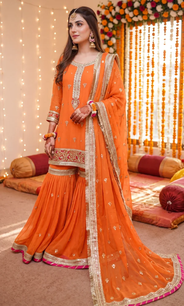 Vibrant Orange Embellished Short Kurti with Sharara and Dupatta