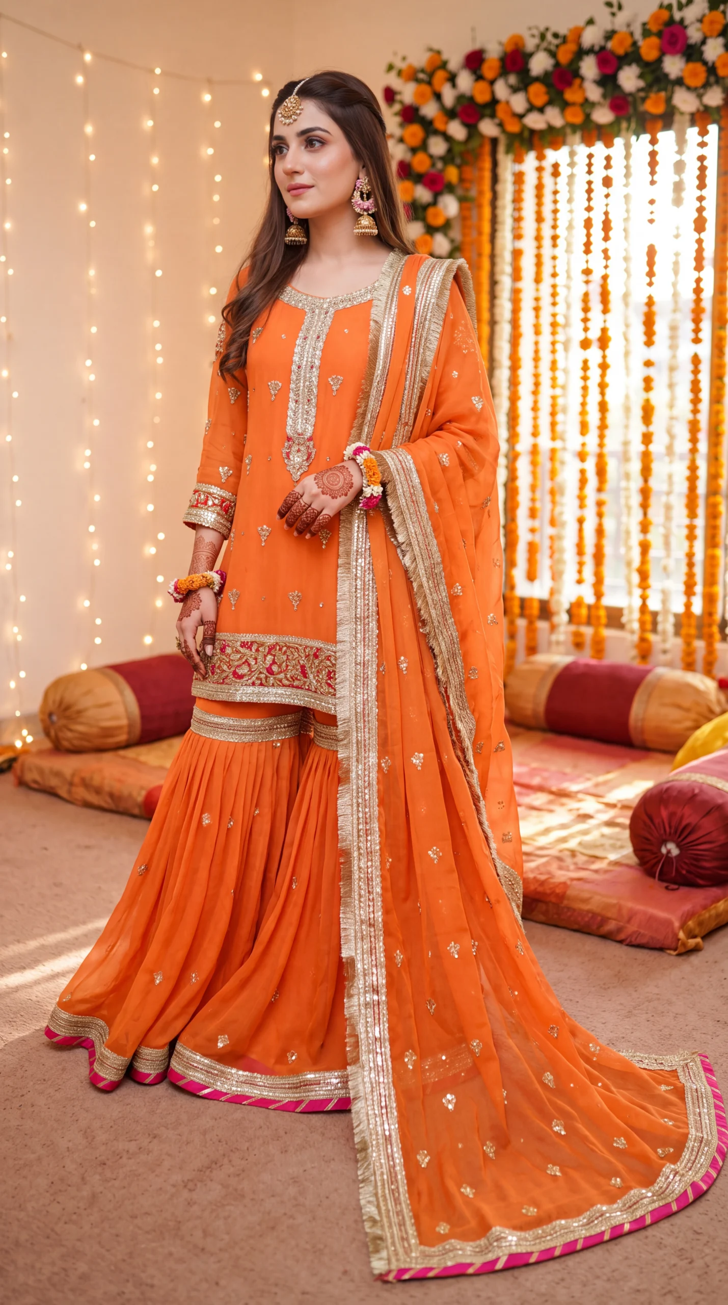 Vibrant Orange Embellished Short Kurti with Sharara and Dupatta