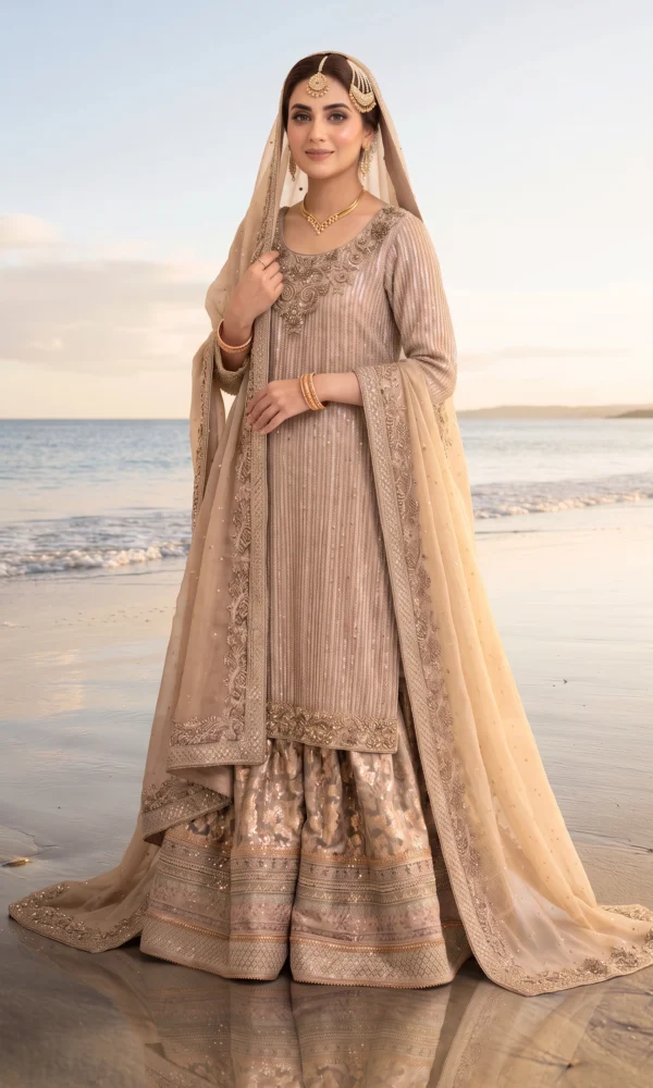 Champagne Beige Embellished Long Shirt with Heavily Worked Lehenga and Dupatta