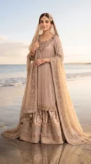 Champagne Beige Embellished Long Shirt with Heavily Worked Lehenga and Dupatta