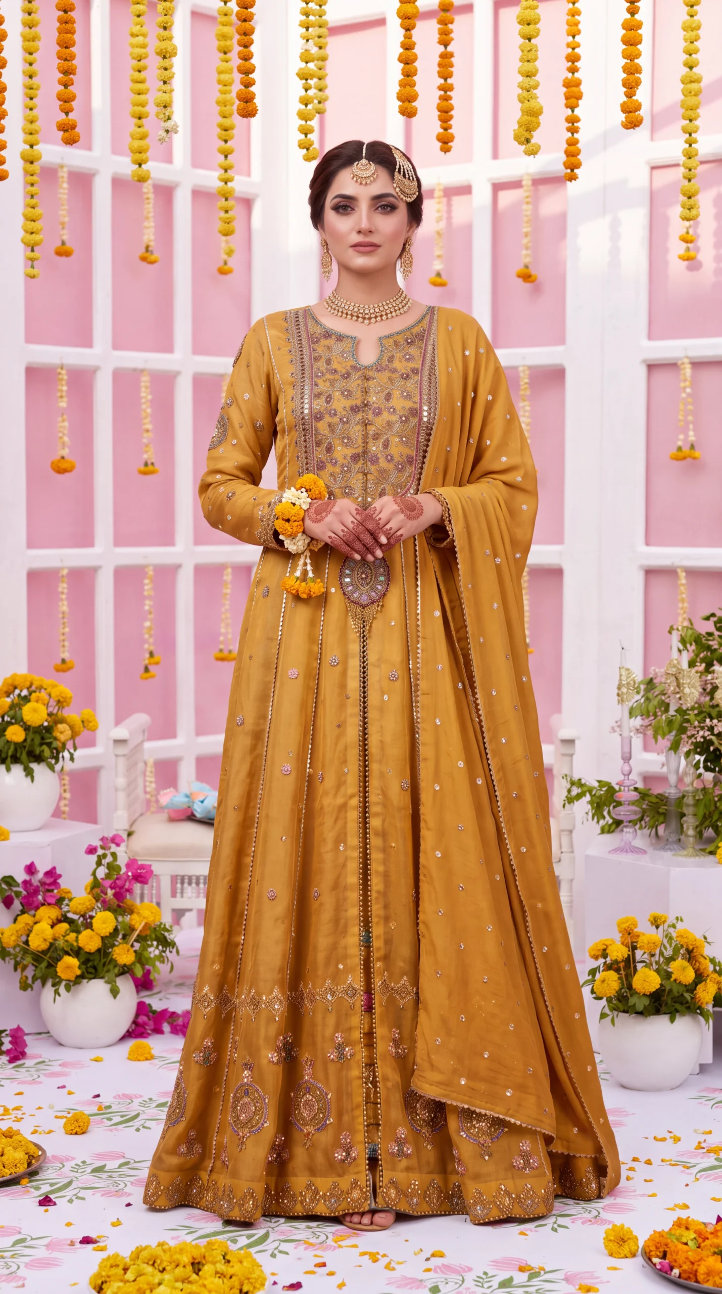 Mustard Yellow Front-Open Pishwas with Intricate Zardozi Work and Dupatta