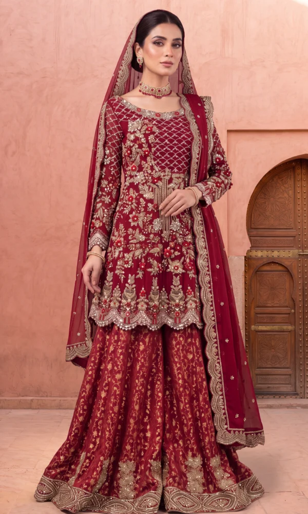 Deep Maroon Embellished Short Kurti with Sharara and Heavy Dupatta