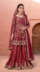 Deep Maroon Embellished Short Kurti with Sharara and Heavy Dupatta