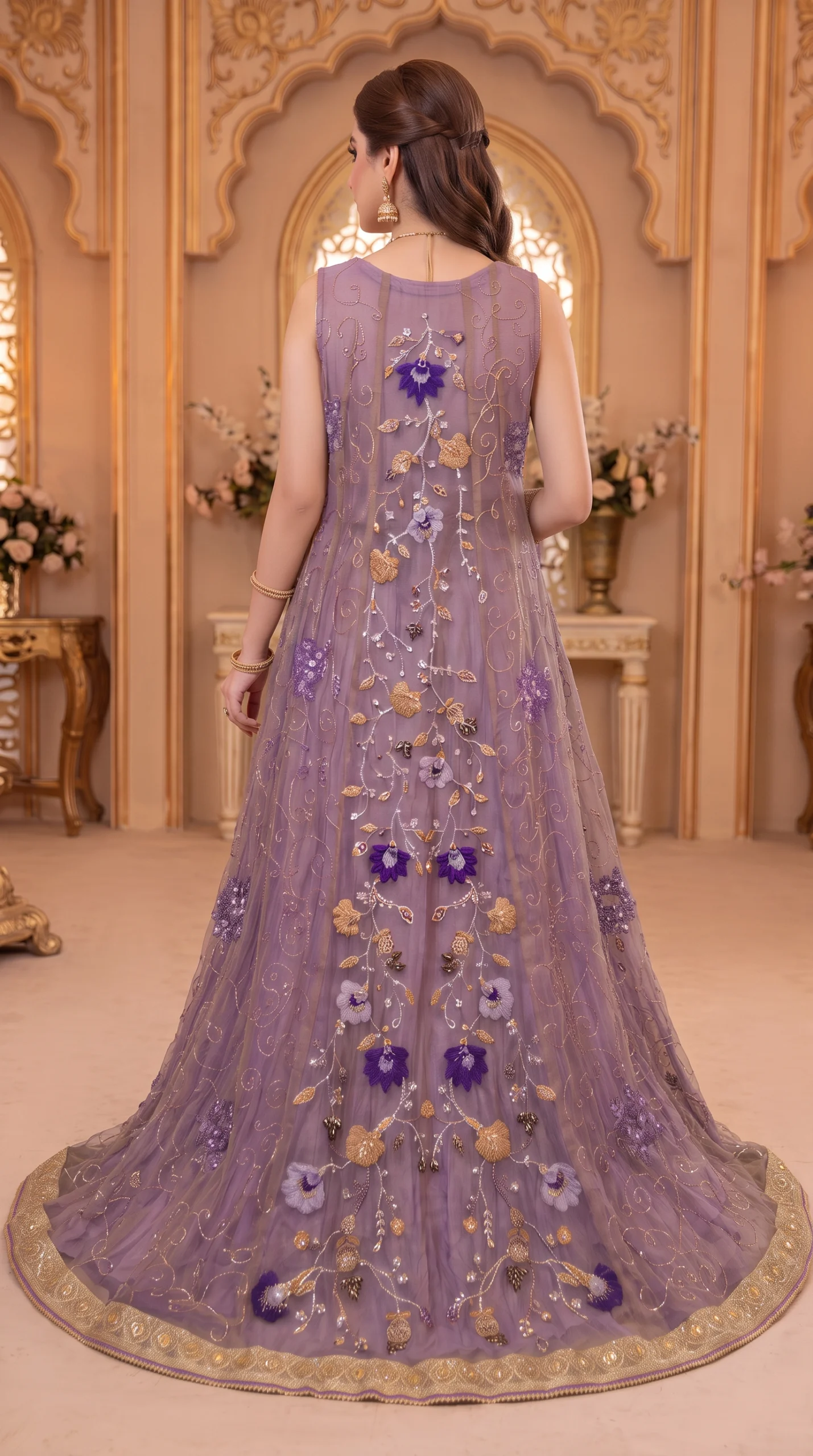 Lilac and Purple Embellished Front-Open Gown with Pleated Lehenga and Dupatta - Image 2