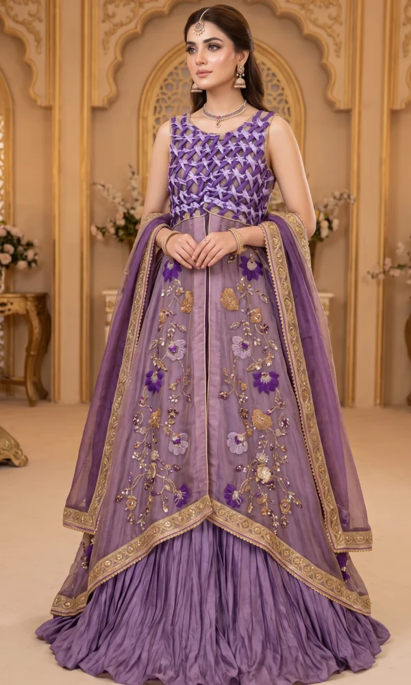 Lilac and Purple Embellished Front-Open Gown with Pleated Lehenga and Dupatta