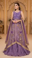 Lilac and Purple Embellished Front-Open Gown with Pleated Lehenga and Dupatta