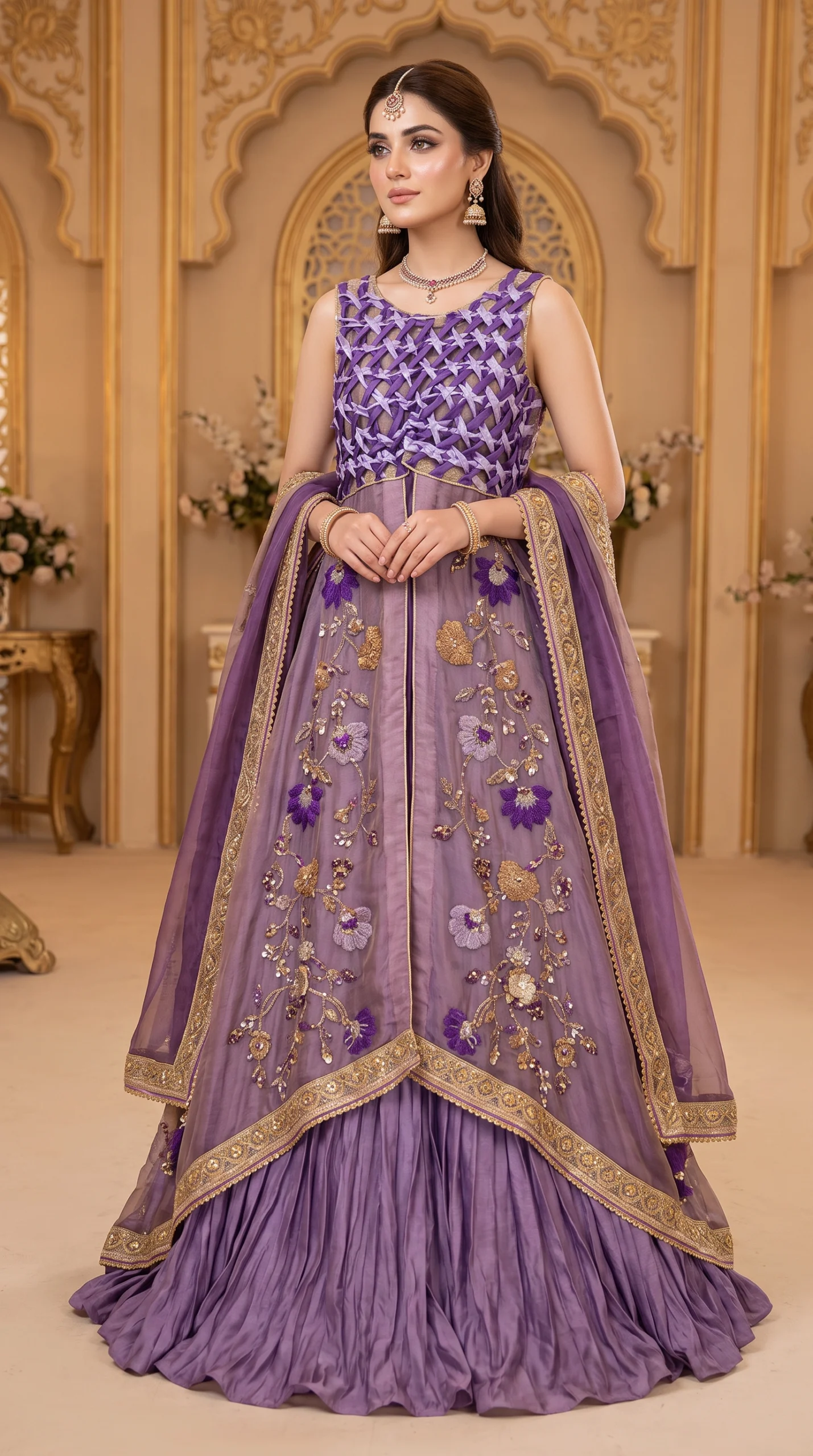 Lilac and Purple Embellished Front-Open Gown with Pleated Lehenga and Dupatta