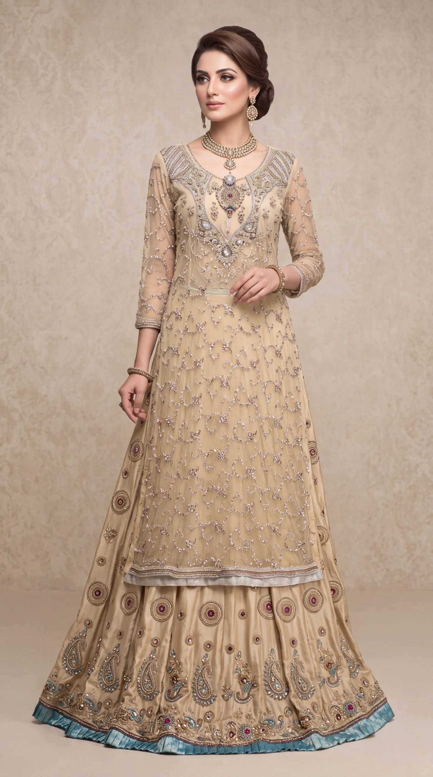 Champagne Gold Embellished Long Shirt with Lehenga and Blue-Trimmed Dupatta - Image 2