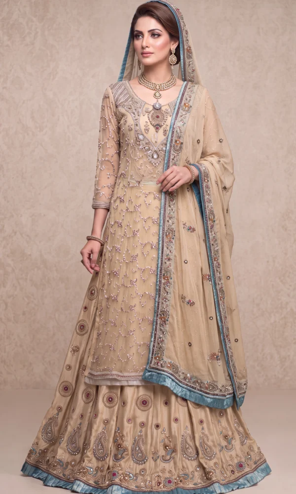 Champagne Gold Embellished Long Shirt with Lehenga and Blue-Trimmed Dupatta
