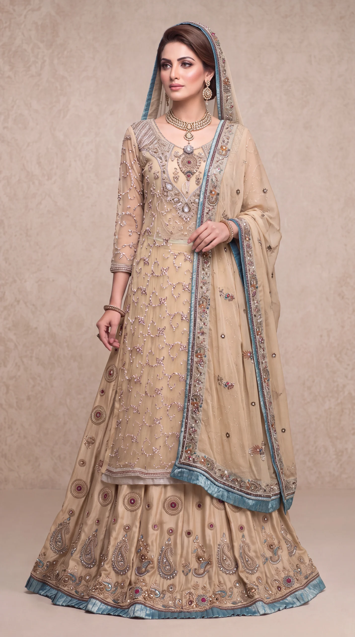 Champagne Gold Embellished Long Shirt with Lehenga and Blue-Trimmed Dupatta