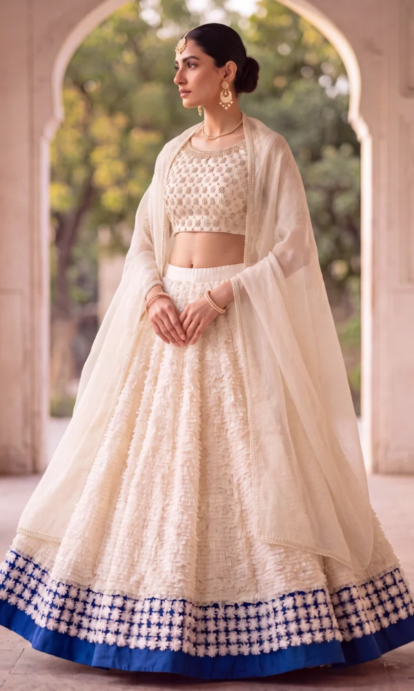 Ivory Embellished Blouse with Ruffled Lehenga and Bold Blue Border