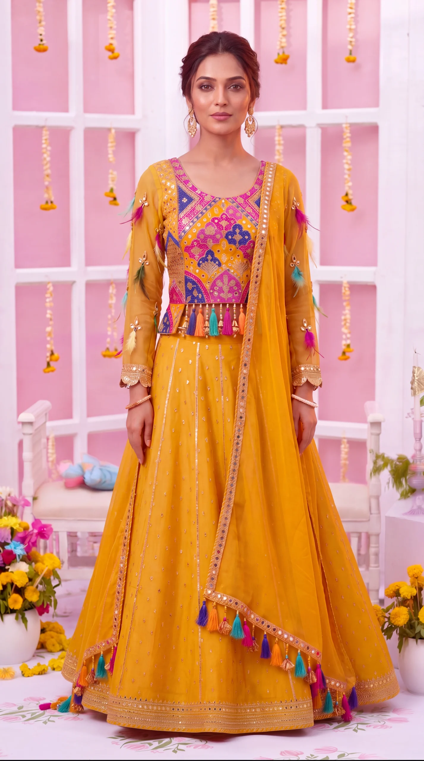 Mustard Yellow Embellished Lehenga Choli with Multicolored Patchwork and Tassels - Image 2