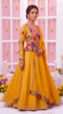 Mustard Yellow Embellished Lehenga Choli with Multicolored Patchwork and Tassels