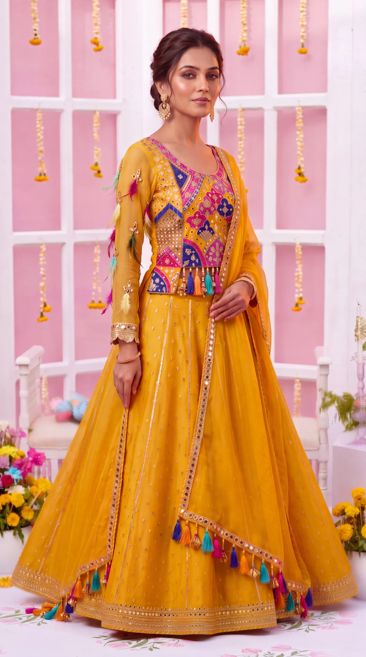 Mustard Yellow Embellished Lehenga Choli with Multicolored Patchwork and Tassels