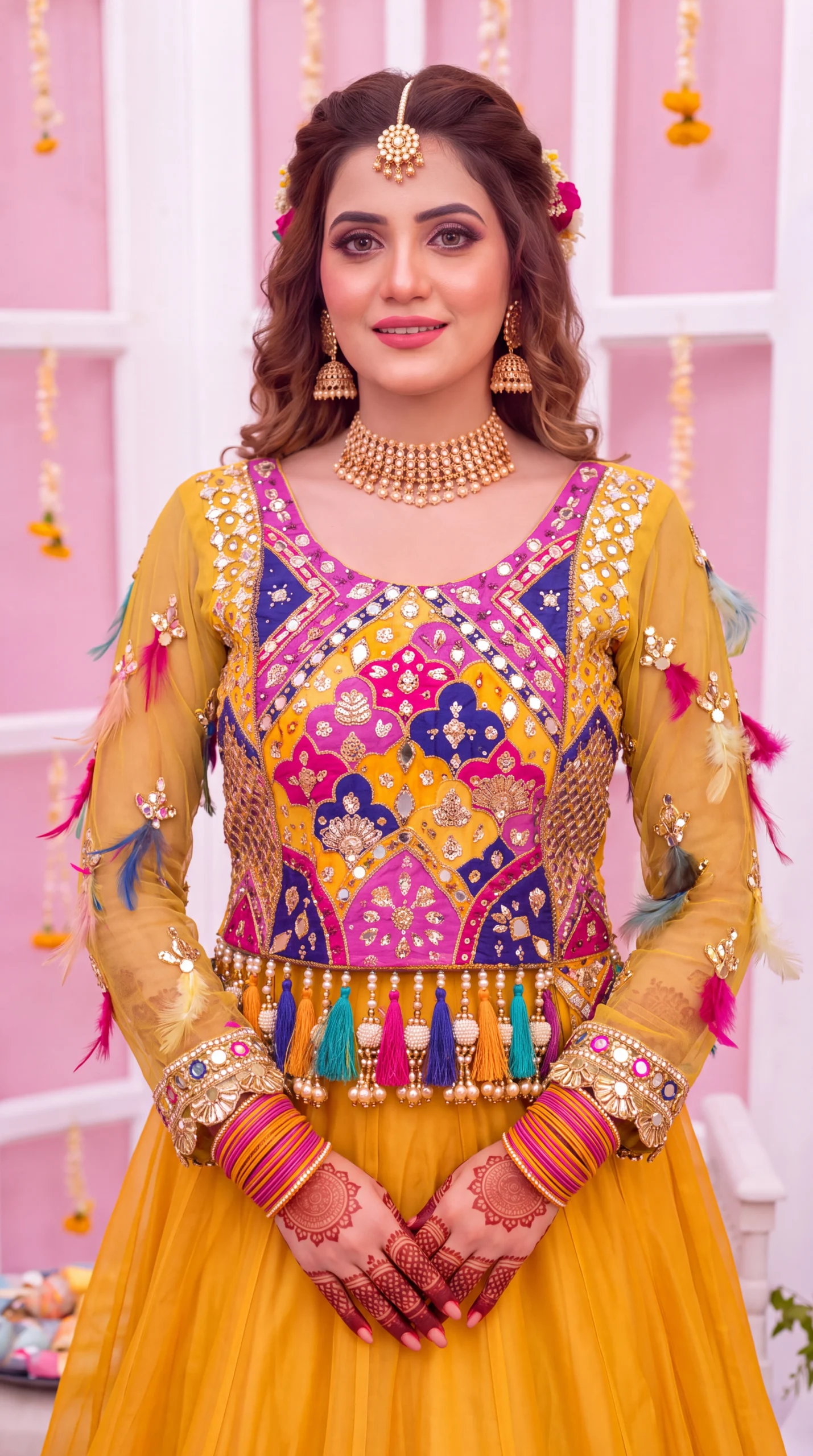 Mustard Yellow Lehenga Choli with Multicolored Patchwork Bodice and Tassels - Image 2