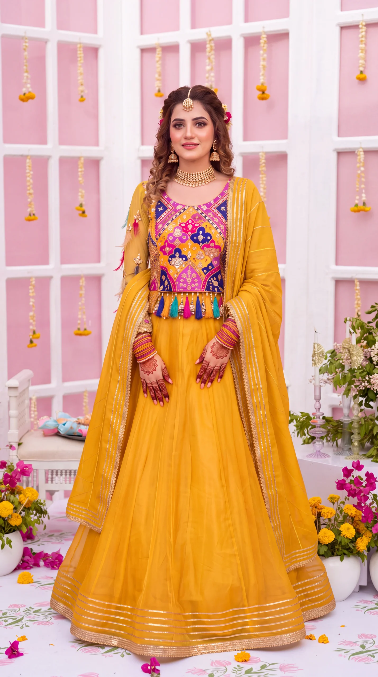Mustard Yellow Lehenga Choli with Multicolored Patchwork Bodice and Tassels