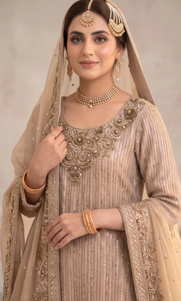 Champagne Beige Embellished Long Shirt with Ornate Neckline and Dupatta