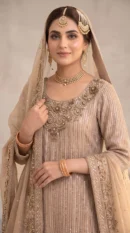 Champagne Beige Embellished Long Shirt with Ornate Neckline and Dupatta