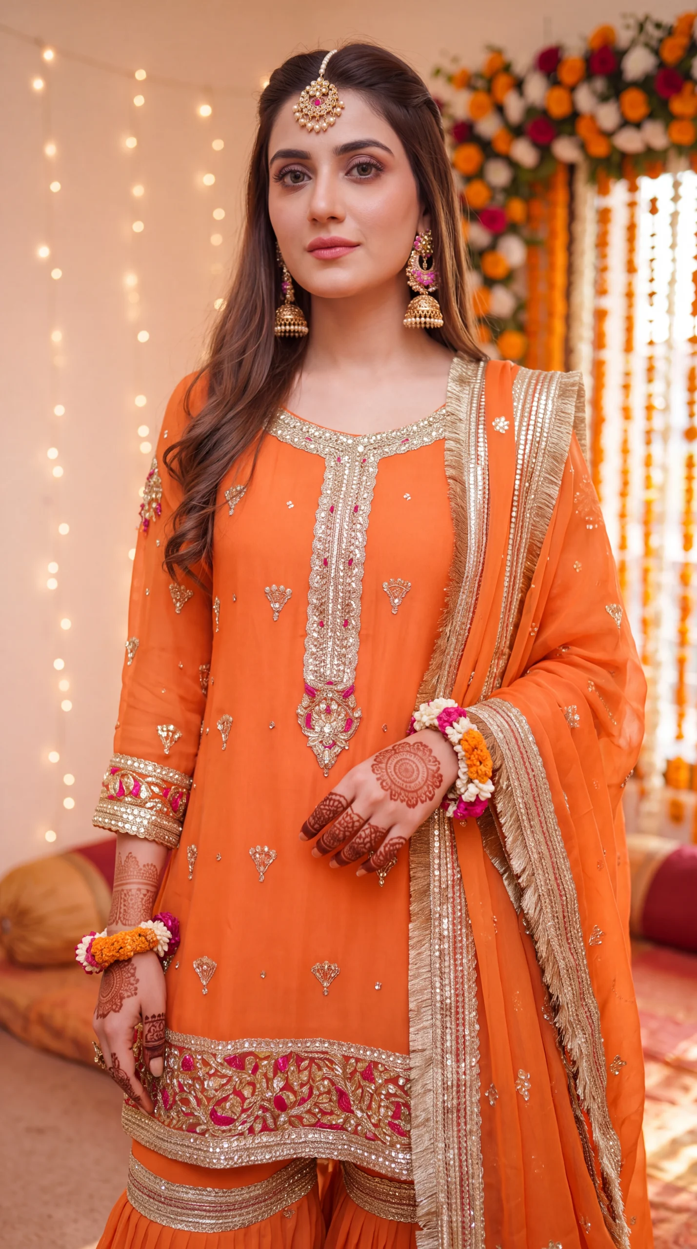 Vibrant Orange Embellished Short Kurti with Sharara and Detailed Dupatta