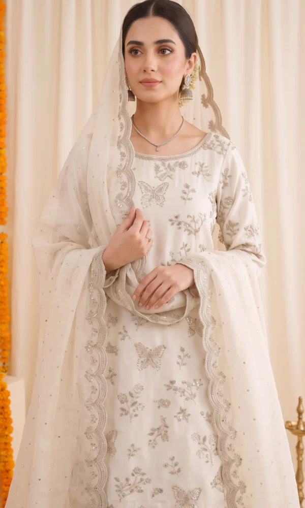 Off-White Embellished Straight Kurti with Scalloped Dupatta and Sharara