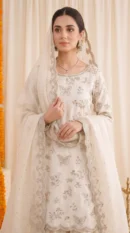 Off-White Embellished Straight Kurti with Scalloped Dupatta and Sharara
