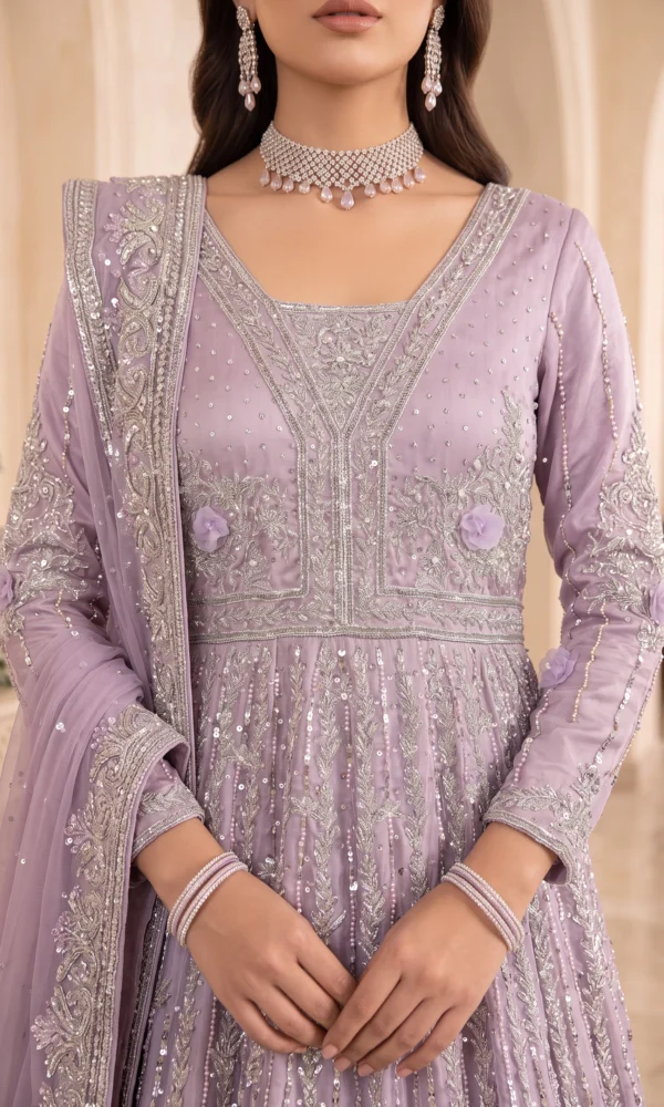 Lilac Embellished Long Gown with Silver Zardozi Work and Dupatta