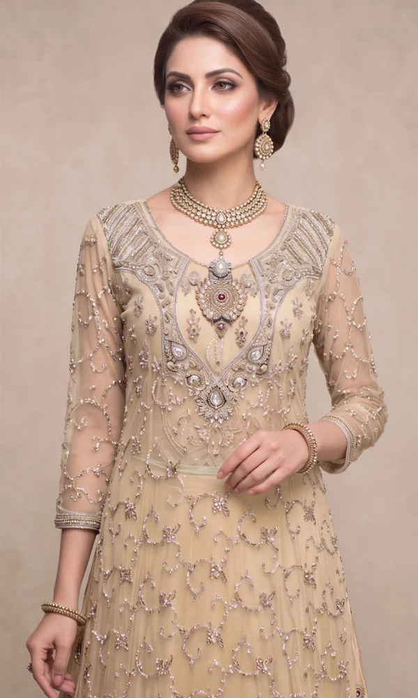 Champagne Gold Embellished Long Shirt with Ornate Neckline and Dupatta