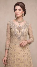 Champagne Gold Embellished Long Shirt with Ornate Neckline and Dupatta
