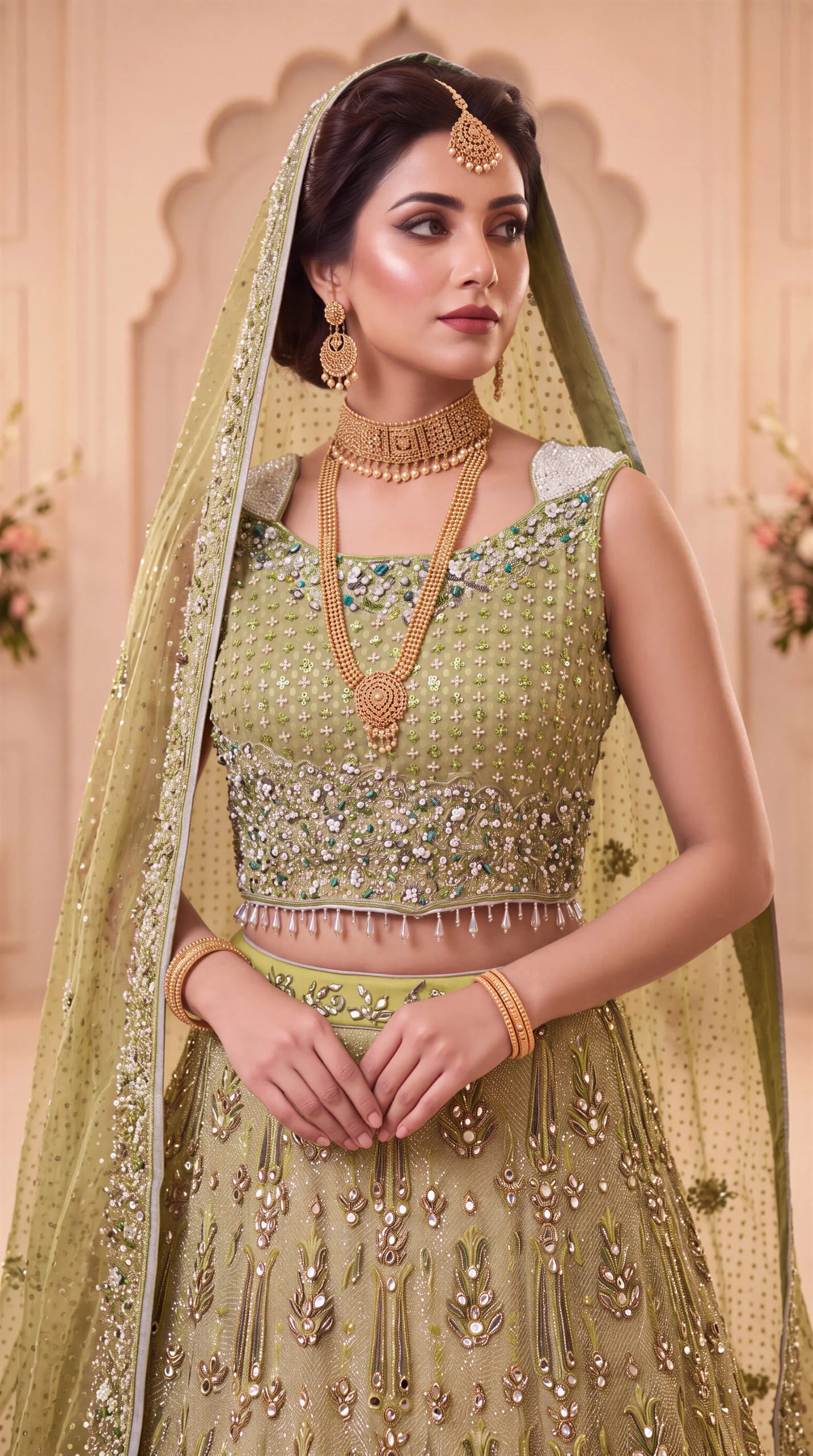 Pistachio Green Heavily Embellished Lehenga Choli with Dupatta