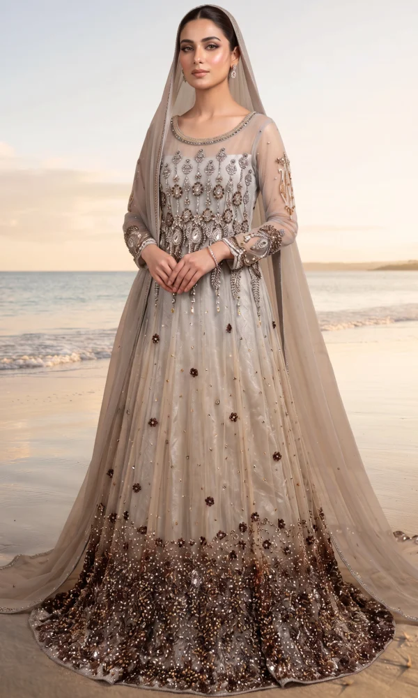 Ombré Taupe to Deep Bronze Embellished Bridal Gown with Heavy Border and Dupatta