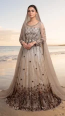 Ombré Taupe to Deep Bronze Embellished Bridal Gown with Heavy Border and Dupatta