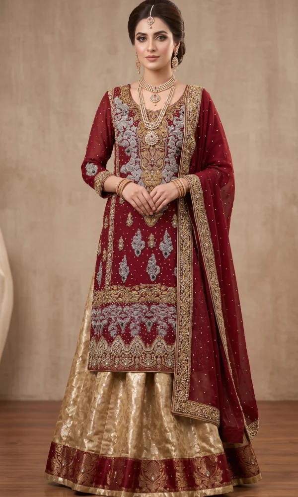 Deep Maroon Embellished Long Shirt with Gold Lehenga and Dupatta