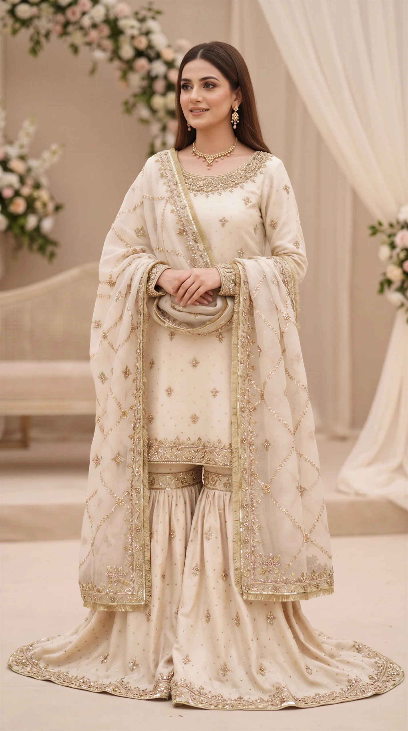 Cream and Gold Embellished Short Kurti with Sharara and Heavy Dupatta - Image 2