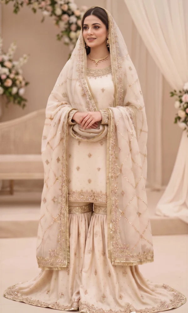 Cream and Gold Embellished Short Kurti with Sharara and Heavy Dupatta