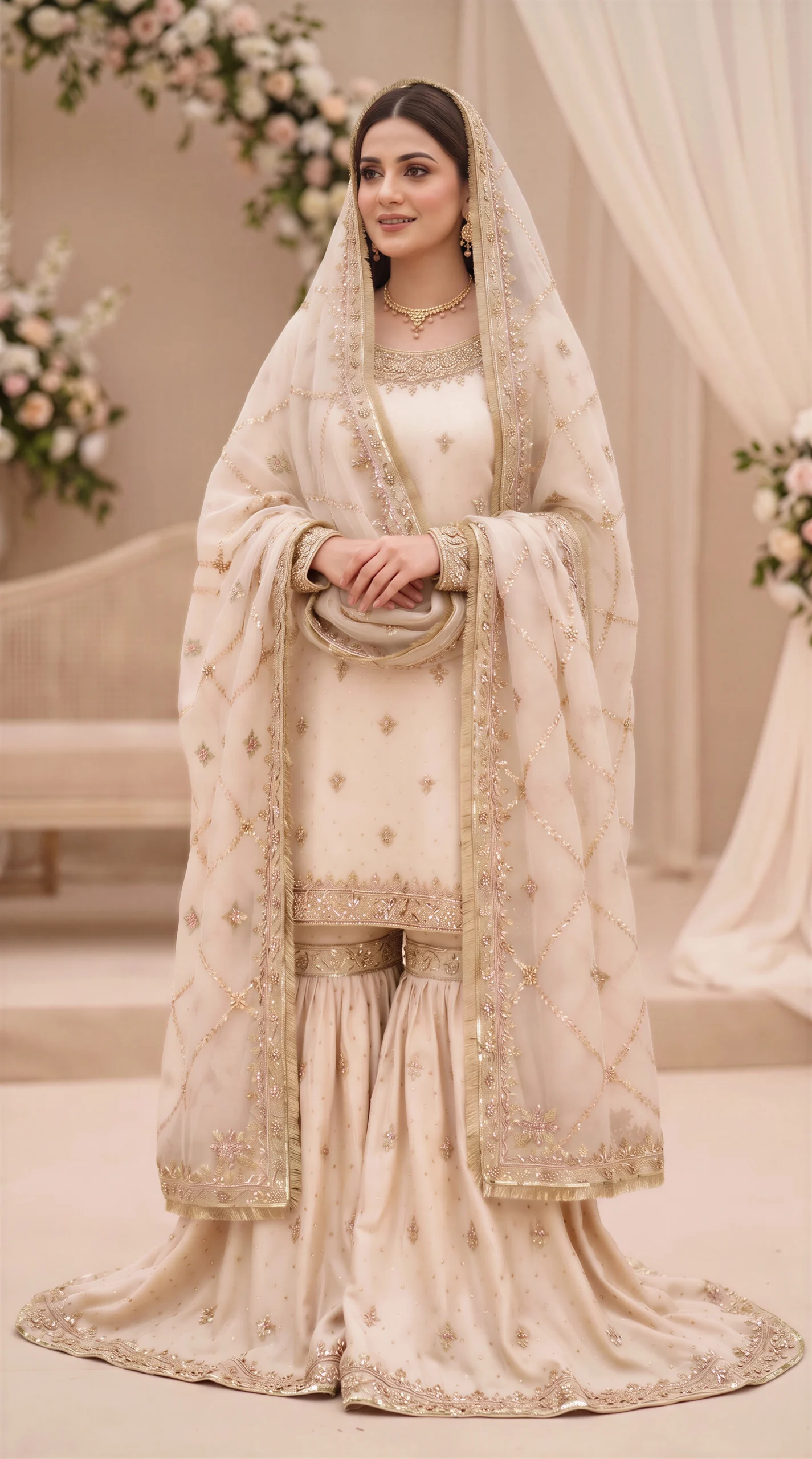 Cream and Gold Embellished Short Kurti with Sharara and Heavy Dupatta