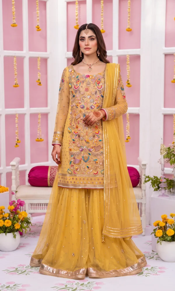 Mustard Yellow Embellished Short Kurti with Sharara and Dupatta