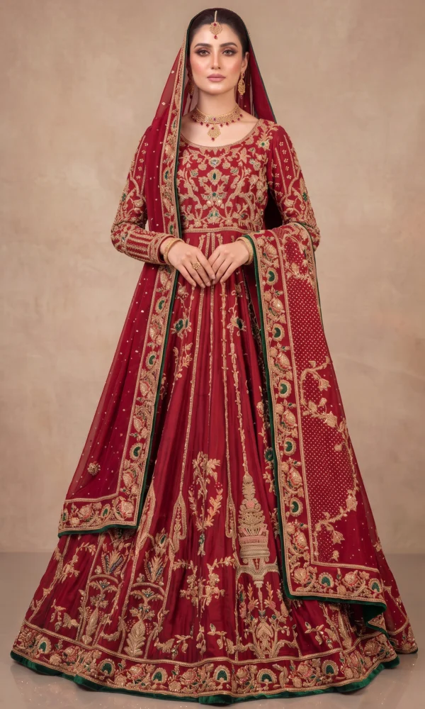 Deep Maroon Embellished Pishwas with Heavy Gold Zardozi Work and Dupatta