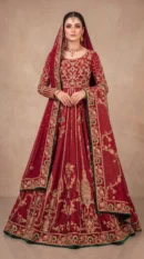 Deep Maroon Embellished Pishwas with Heavy Gold Zardozi Work and Dupatta
