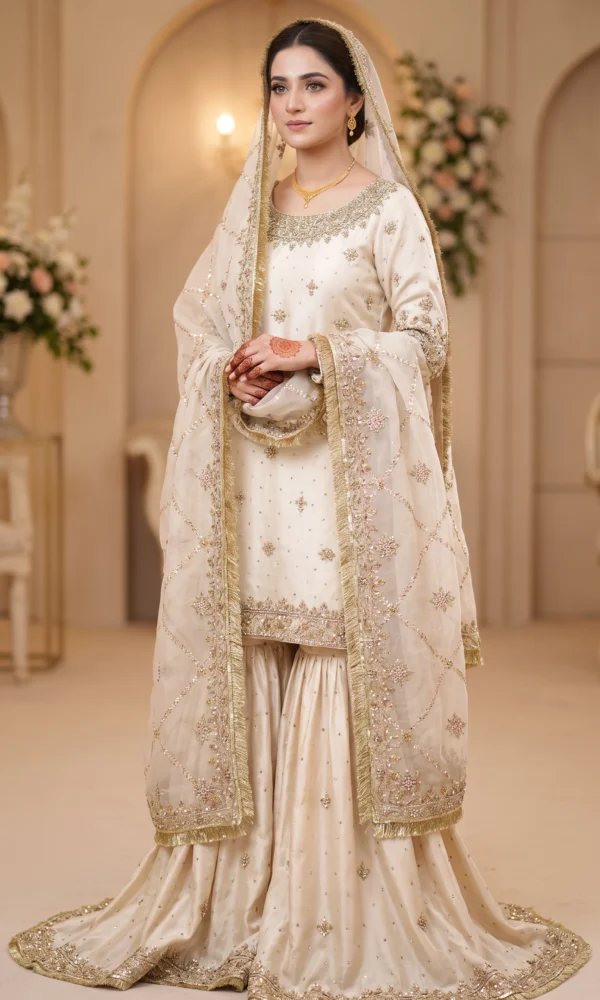 Off-White Embellished Short Kurti with Sharara and Heavy Gold Dupatta