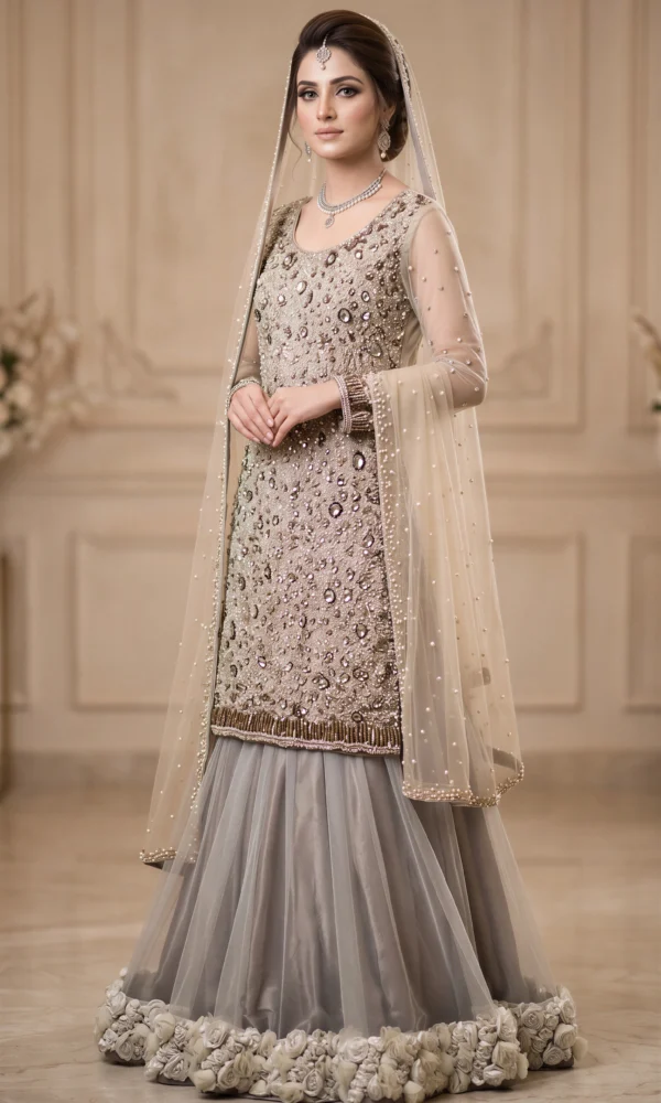 Champagne Gold Heavily Embellished Long Shirt with Slate Grey Ruffled Skirt and Dupatta