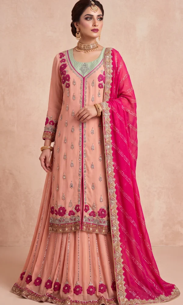 Peach Embellished Open-Front Long Shirt with Sharara and Hot Pink Dupatta