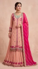 Peach Embellished Open-Front Long Shirt with Sharara and Hot Pink Dupatta
