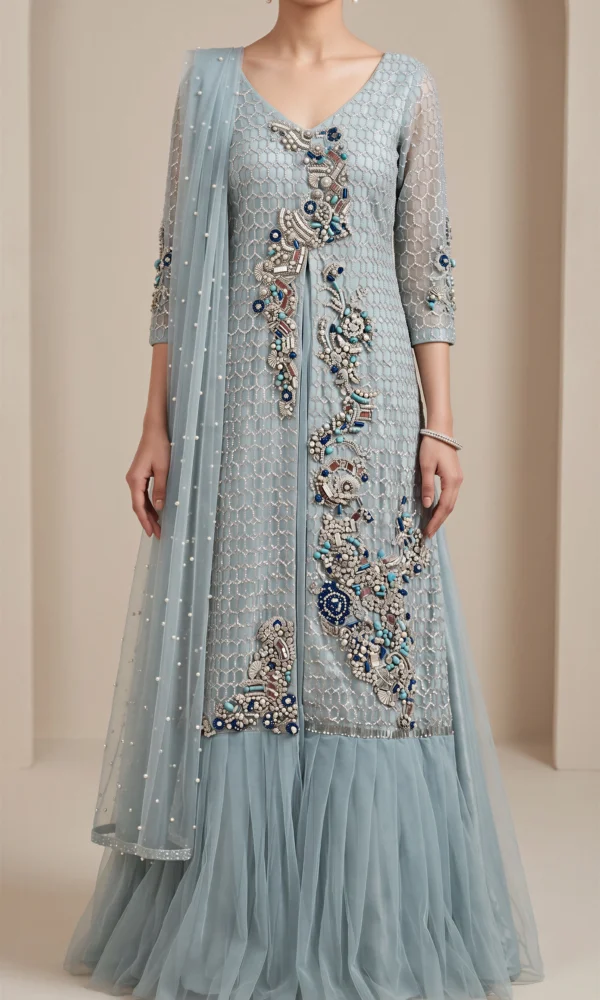 Icy Blue Embellished Long Shirt with Sharara and Pearl-Sprayed Dupatta